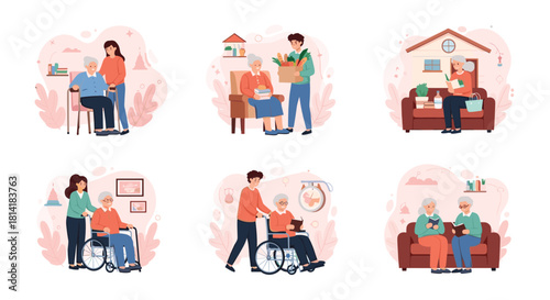 Illustrations depicting caregivers assisting elderly individuals with daily activities and companionship.