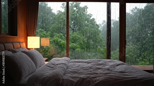 Cozy bedroom with a soft bed and dim bedside lamp overlooking a serene forest during heavy rainfall,creating a peaceful and relaxing atmosphere