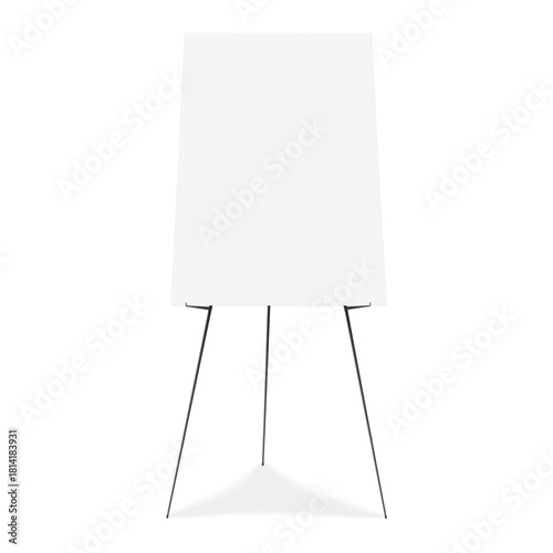 Poster display board tripod easel stand. Realistic vector mockup. White blank advertising sign on metal legs. 3d mock-up. Template for design
