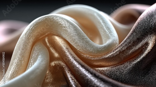 Close-up of draped fabric, flowing in gradients of beige, peach, and bronze