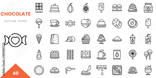 A collection of 40 outline icons featuring various sweets and chocolates, perfect for culinary designs.