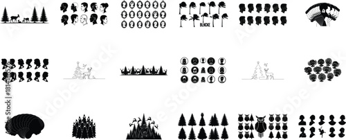 Diverse Black Silhouettes of Nature People and Ornaments Keywords: silhouette, black, white