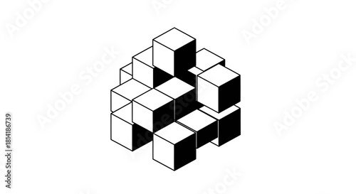 Detailed isometric geometric cube illustration with bold three-dimensional block shapes arranged in a modern abstract structure.