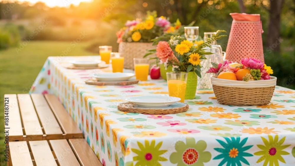 Obraz premium Decorated outdoor table set for a bright summer celebration