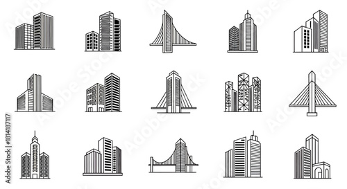 Modern minimal city skyline icons featuring skyscrapers, towers, and urban buildings in a clean linear style.