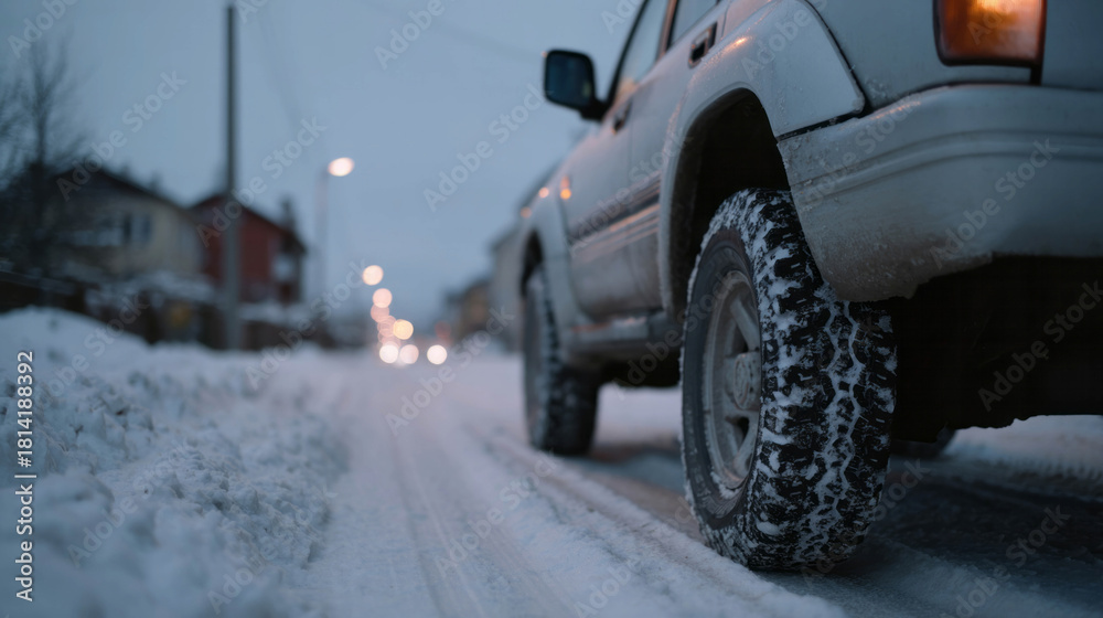 Naklejka premium Snow-dusted tires crunch through icy twilight, embracing the magical hush of Solstice Night, evoking winter's serene isolation
