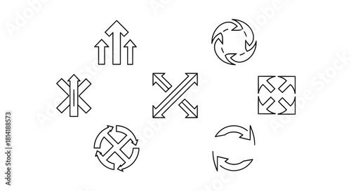 "Minimal direction and global symbol icon set featuring arrows, world elements, and navigation signs in clean geometric vector style"