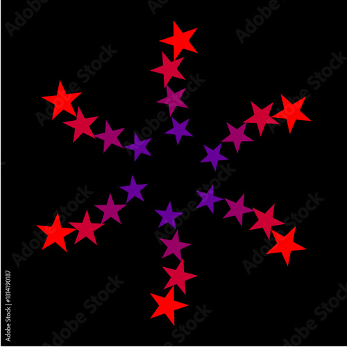 A vibrant helix of red and violet stars spiraling outward like an energetic cosmic burst, blending motion, symmetry, and glowing chromatic intensity on black.