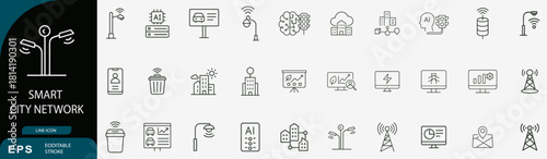 Smart city network technology digital linear vector icon set