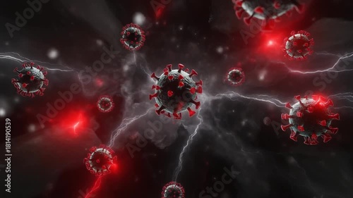 Global viral outbreak depicted with menacing, swirling pathogen particles against a dark, stormy backdrop, symbolizing a worldwide health crisis and disease threat that impacts humanity