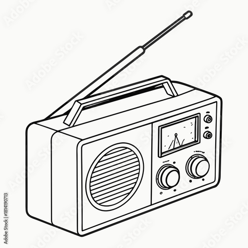 Outline Drawing Of A Vintage Portable Radio With Handle Keywords: radio, vintage, retro
