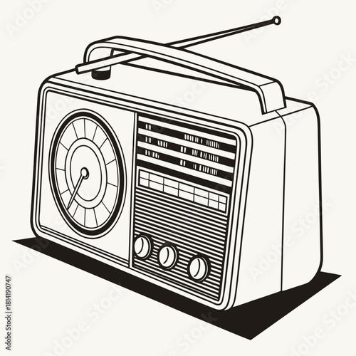 Black and White Illustration of a Vintage Portable Radio retro music