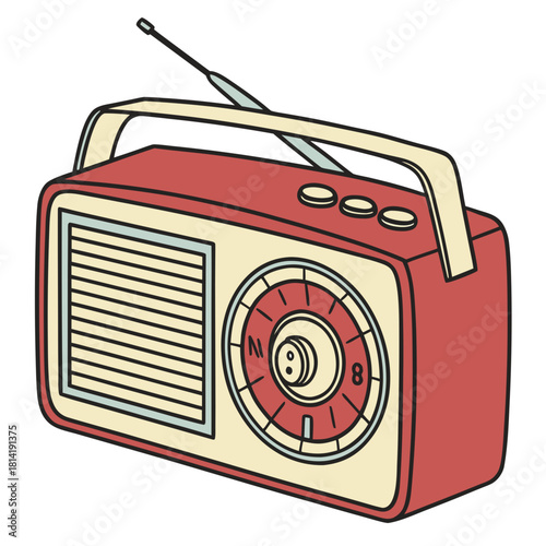 Colorful retro portable radio with extended antenna and tuning dial vintage music