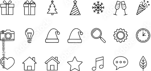 Set of thin line icons for Christmas, New Year, and web interface. Holiday and universal symbols collection.