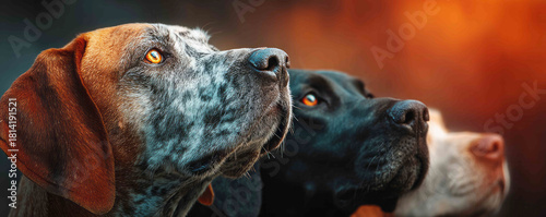 Three soulful hounds gaze skyward, embodying autumn's ember glow, evoking Lunar New Year reverie and canine kinship
