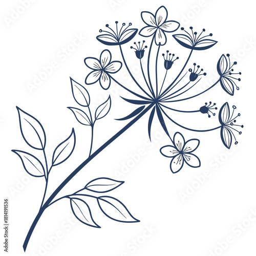 Blue Outline of a Wildflower with Leaves bloom plant