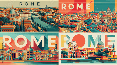 Vibrant Rome city illustrations featuring iconic landmarks and colorful urban scenery. Retro style artwork showcasing historic architecture and panoramic views of the Italian capital.