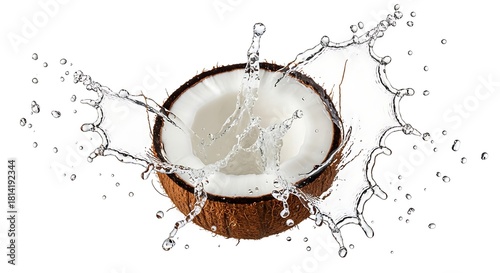 Half coconut splashing water isolated on white background