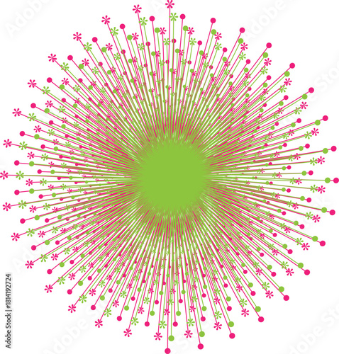 Floral burst design featuring green and pink flowers and circles radiates outwards on white
