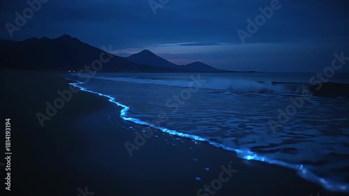 Bioluminescent waves create a glowing blue line on a tranquil beach at dusk with mountains in the background.