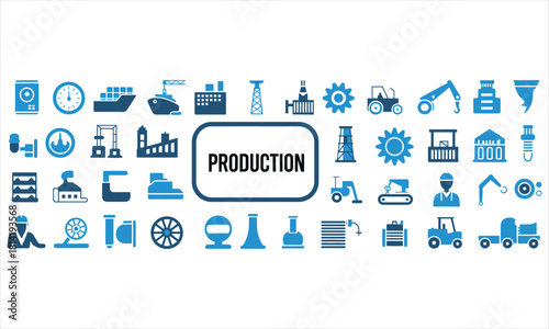 Industry and manufacturing elements in monochrome show production with machinery and equipment symbols