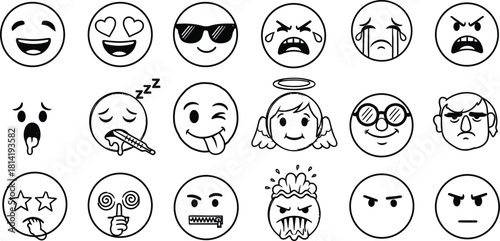 Collection of hand drawn egg faces expressing various emotions in black and white
