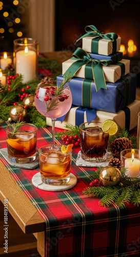 Festive Holiday Celebration: Stacked Gifts, Cocktail Glasses, and Pine Garland on a Red and Green Plaid Table