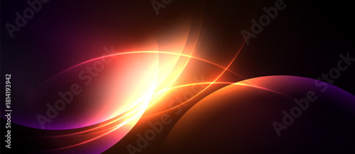 Abstract design features vibrant curves, glowing light. Colors blend from purple, orange, yellow against dark background. Smooth gradients create dynamic visual effect.