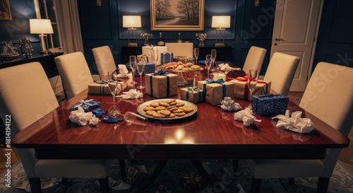Celebratory Christmas Dinner Scene: Festive Table Setting with Gifts, Cookies, Champagne, and Festive Decorations in a Luxurious Dining Room