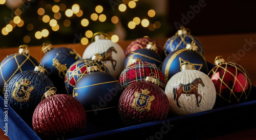 Elegant Christmas ornaments with horse motifs arranged in a tray, evoking a luxurious equestrian holiday theme.