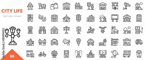 Variety of urban life outline icons depicting city amenities and infrastructure.