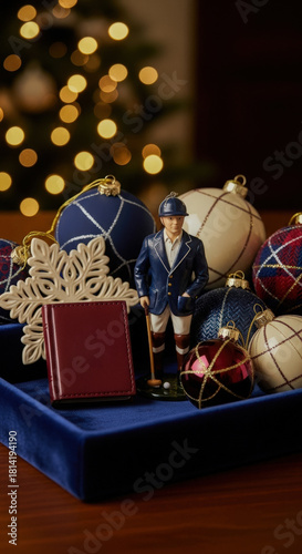 Vintage Equestrian Figurine with Christmas Ornaments: A charming display of a polo player figurine with plaid, ribbon, and ornaments creating a festive, nostalgic holiday scene.