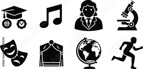 Education and science icons including graduation cap music note teacher microscope theatre masks globe and running person vector illustration
