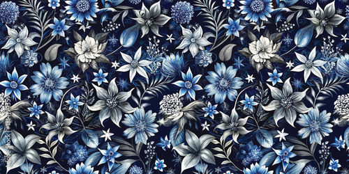 A stunning floral pattern featuring blue and white flowers on a dark navy background.