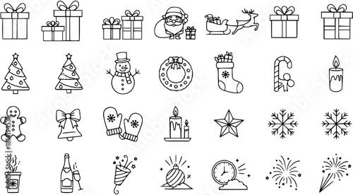 Detailed line art icons set for Christmas and New Year holidays. Featuring festive elements like Santa, gifts, trees, snowman, wreath, candles, mittens, clock, fireworks  more celebration symbols.