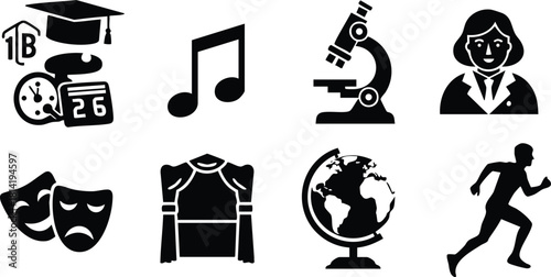 Education and science icons with music, theater, globe, running and microscope vector illustration set