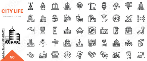 Various outline icons depicting elements of city life including buildings, transportation, and amenities.