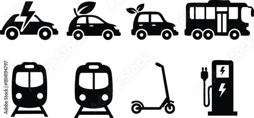 Electric vehicle icons set including eco car, electric scooter, bus, train, and charging station vector illustration