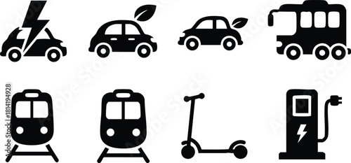 Electric vehicles icons set including car, bus, scooter, train and charging station black silhouette vector illustration