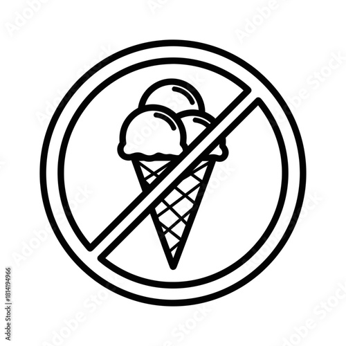 Minimalist black outline vector icon of a round sign with a crossed-out ice cream cone, symbolizing no food allowed or entry restriction with snacks