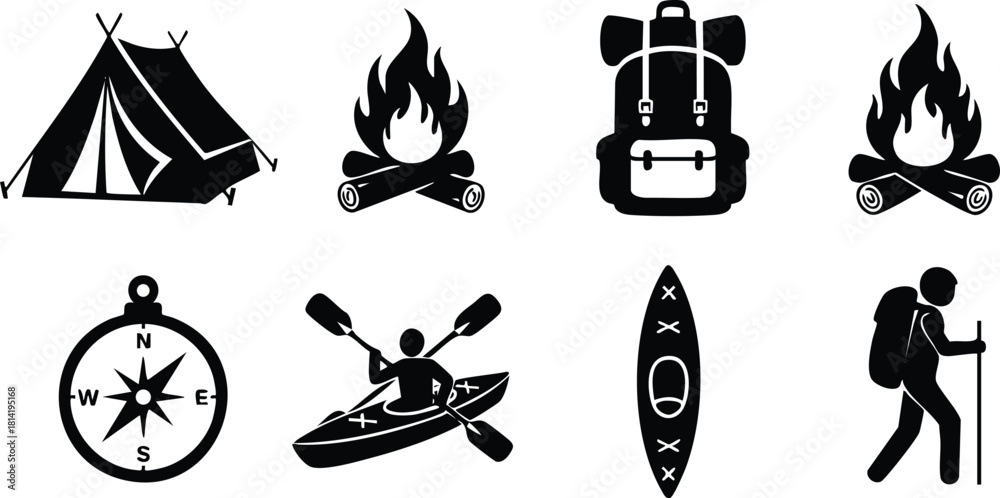 Fototapeta premium Camping adventure icons set with tent campfire backpack compass kayak and hiker silhouette vector