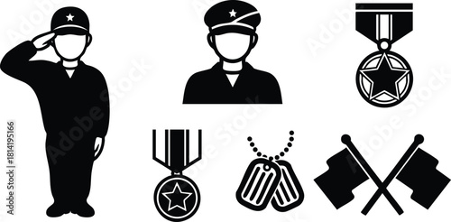 Military soldier salute, officer portrait, medal award, dog tags, and crossed flags vector icons set
