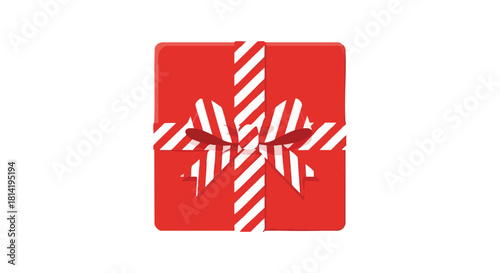 Vibrant Red Square Gift Box with Striped White Ribbon and Bow on White Background