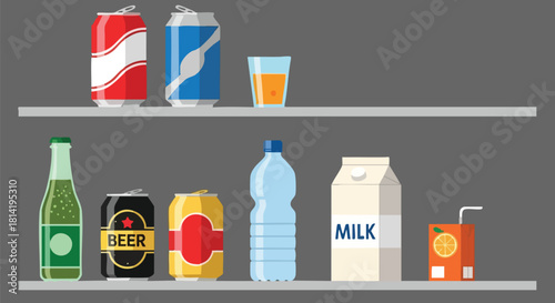 Assortment of Cold Beverages and Drinks on Refrigerator Shelves