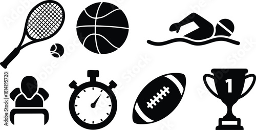 Sports equipment and athlete icons including tennis racket ball basketball swimmer stopwatch football trophy vector illustration