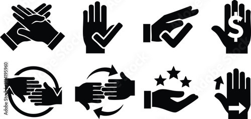 Black silhouette hands icons set with various gestures and symbols vector illustration