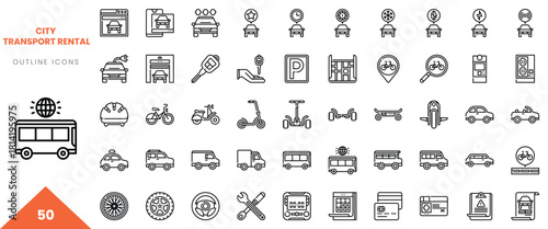 Set of 50 outline icons representing various city transport rental options.