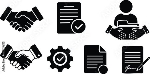 Business partnership and contract agreement icons with handshake and document symbols vector illustration