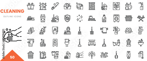 Stylized cleaning icons set featuring diverse tools and activities for home maintenance.