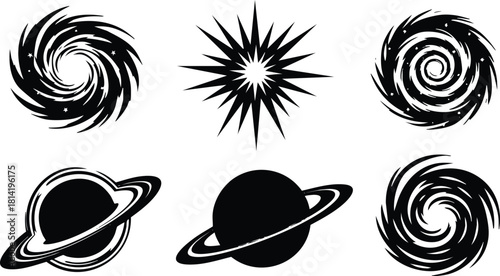Set of six black cosmic vector icons with spiral galaxies, starburst, and ringed planets in simple silhouette style for space designs